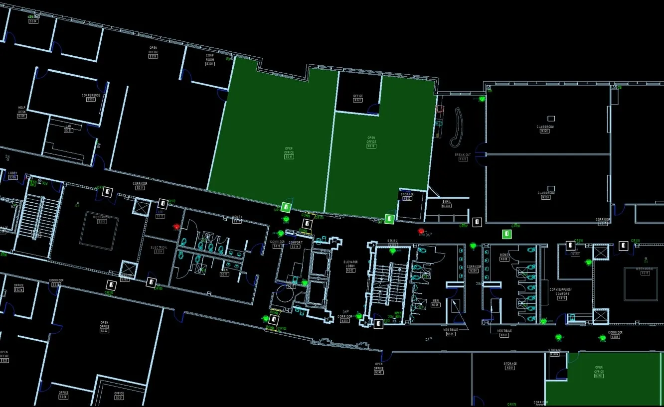 CAD floor model with zones highlighted in green