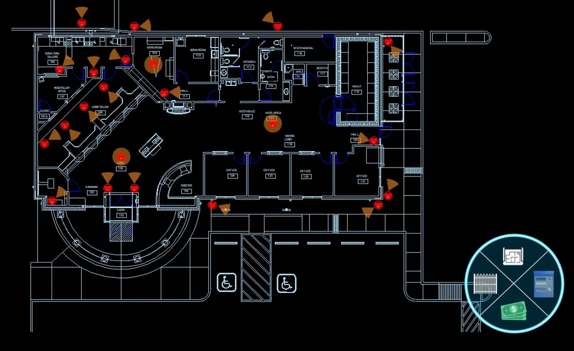 Bank branch floor plan with camera coverage and access points marked